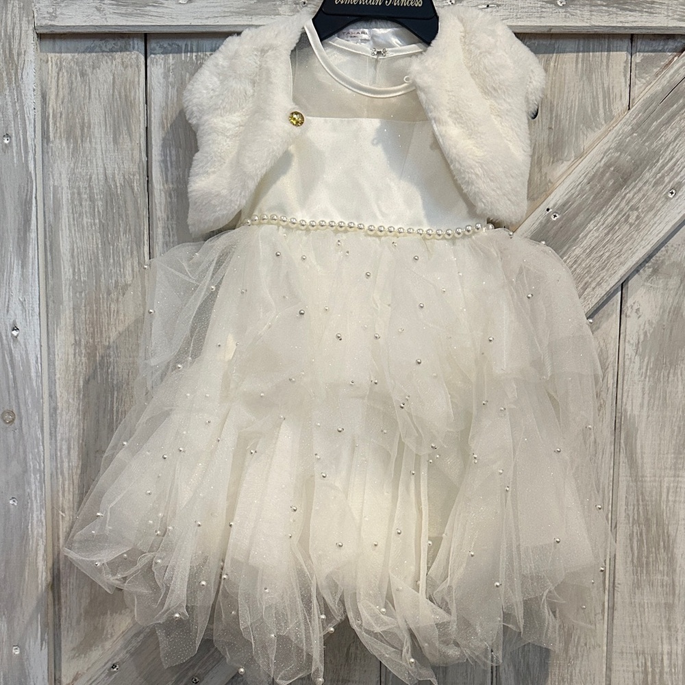 American Princess Ivory Pearl Accent Tulle Party Dress with Faux Fur Bolero
